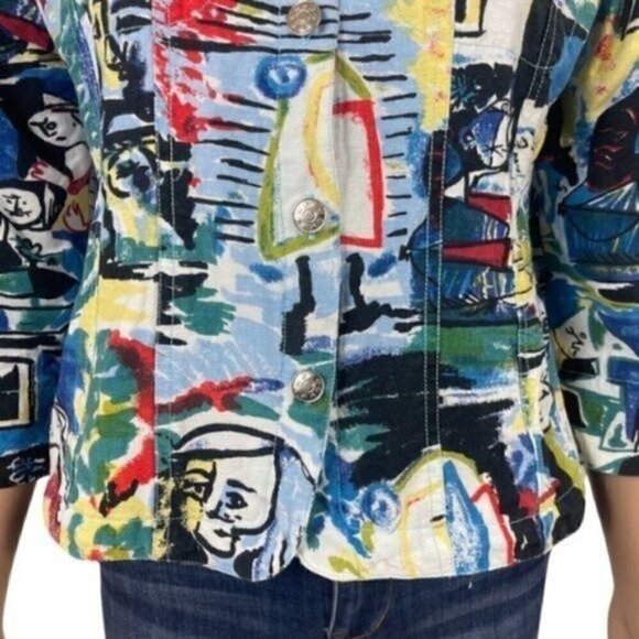Kaktus Blazer Colorful Artwork Print Linen blend 3/4 sleeve collared size medium - Picture 3 of 12